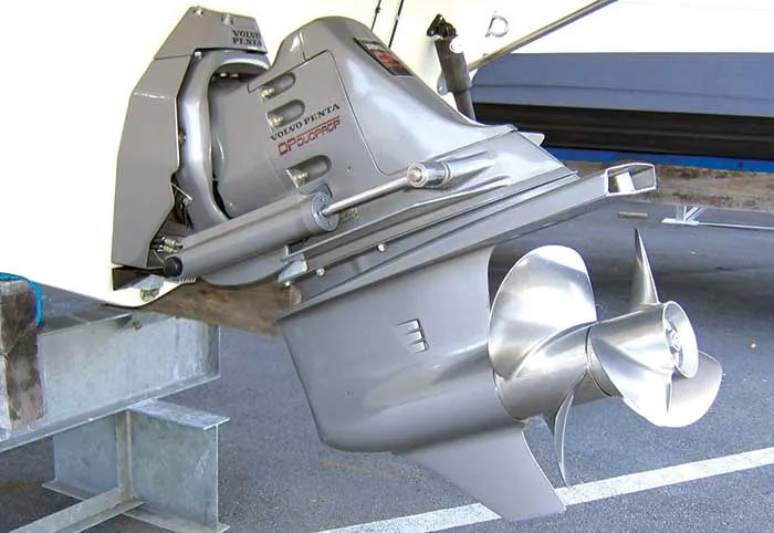 A sterndrive leg removed from a boat for service.