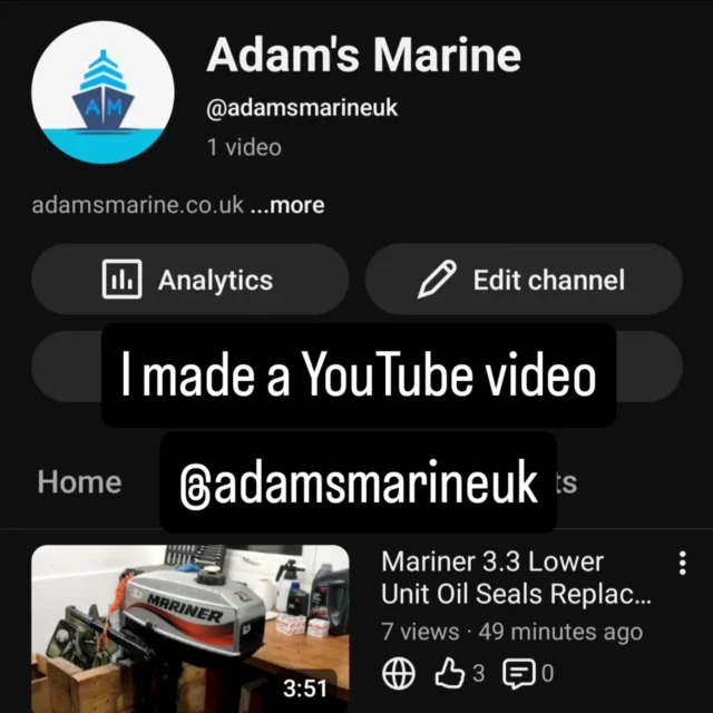 The Adam's Marine YouTube channel showing a lower unit oil seal video.